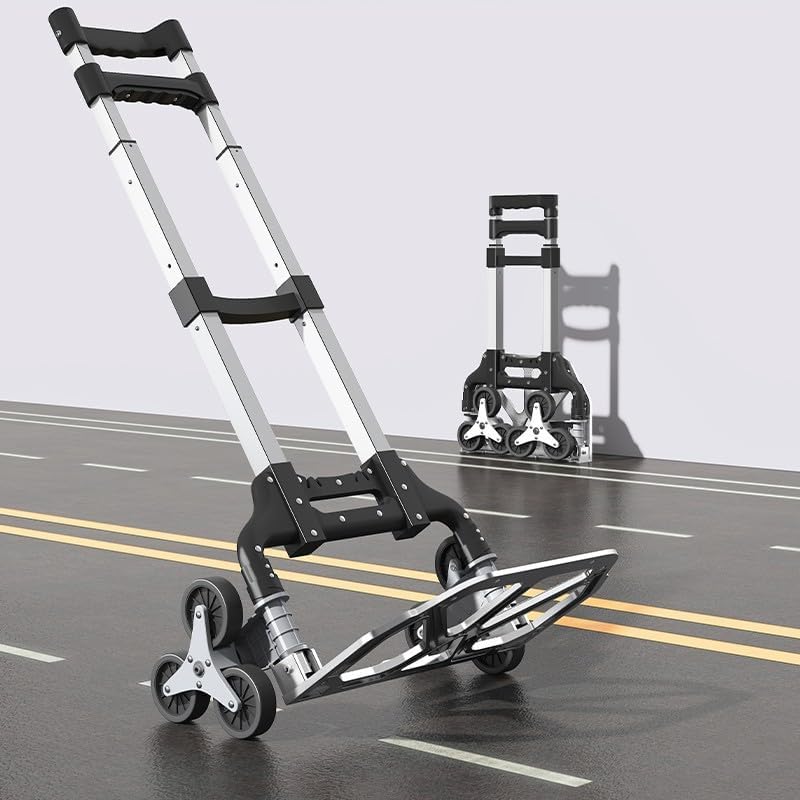 Heavy Duty 6-Wheel Stair Climbing Cart - 300lb Capacity Folding Hand Truck, All-Terrain Aluminum Trolley w/Adjustable Handle - Perfect for Groceries, Deliveries, Apartments 6×4" Tpr Wheels 300LB | 2 × Bungee Cords