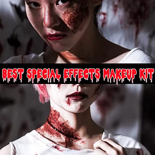 Bowitzki Sfx Makeup Kit Halloween Makeup Water Based Cream Face Body Paint Clear Liquid Latex Fake Stage Blood Brush Sponges Painting Special Effects Zombie Vampire Monster Scar Wound Christmas Party Red Black White(Halloween Kit) #TOP1