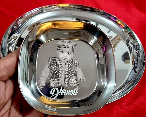 Image of Customised /Laser Photo Print Stainless Steel Round Lunch & Dinner Set for Kids Dinner Plate (7 Piece Set) (Big Thali Set)
