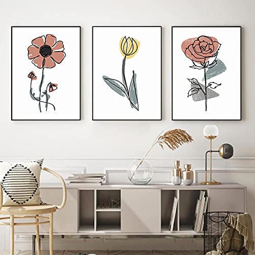 Toile murale fleur rose style nordique abstrait lot de 3 peintures 30x45cm