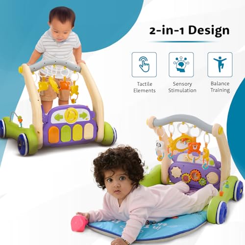 Image of Amazon Brand - Supples 2 in 1 Musical Baby Play Gym with Convertible Walker | Push Walker with Play Piano, Lights, Rattles & Tummy Time Mat for Babies & Toddlers | World Wildlife Day Edition