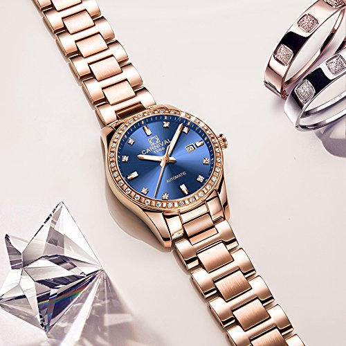 Image of Women's Diamond Automatic Mechanical Rose Gold Stainless Steel Sapphire Waterproof Lady's Elegant Blue Watch