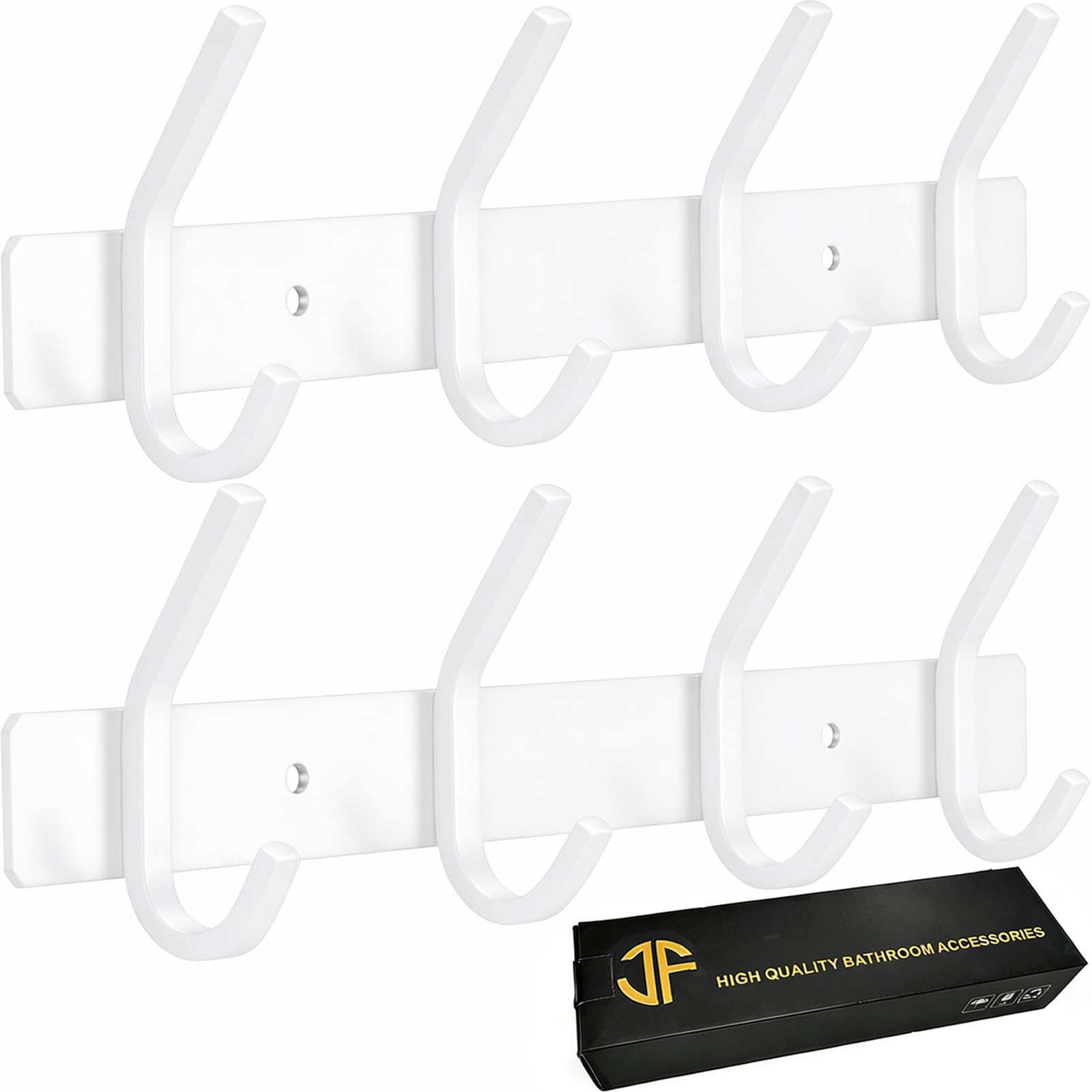 JOLY FANG Coat Hooks Wall Mounted - 2 Packs Coat Rack Wall Mounted Stainless Steel with 4 Hooks, Modern Wall Coat Hanger for Bedroom, Kitchen & Entryway, White