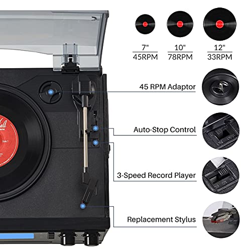 ORCC 10-in-1 Bluetooth Turntable Record Player with Built-in Speaker, Vinyl Turntable CD Cassette and FM/AM Radio Combo, AUX in RCA Out USB MP3 Recording Headphone Jack Compact - Thumbnail 5