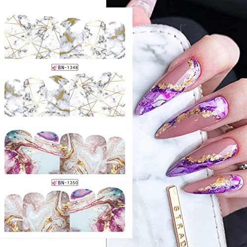 12 Sheets Nail Art Stickers Decals Marble Pattern Designs Nail Decals Gold Foil Line Water Transfer Acrylic Nail Decorations Diy Full Cover Manicure Accessories #TOP1