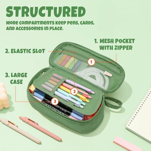 SUNEE Cute Pencil Case, Large Capacity Pencil Pouch, Soft Corduroy Pencil Bag, Big Storage Pen Organizer for Stationery, Aesthetic Zipper Pencil Box, Back to School Supplies for Teen Girls Boys, Green - 3