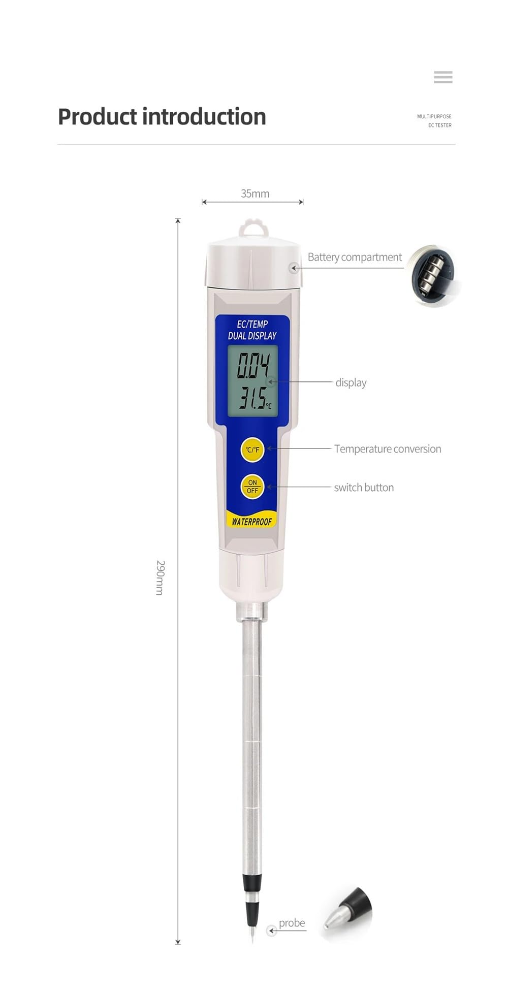 Tester podłogowy 2 w 1, wodoszczelny, uniwersalny miernik podłogi, miernik EC-ppm CF; tester przewodności