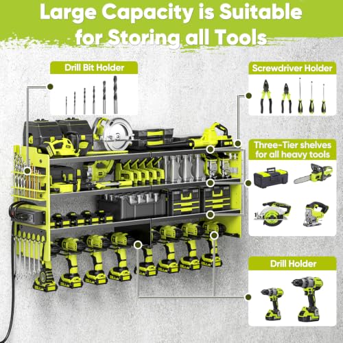 Image of POKIPO Upgrade Power Tool Organizer Wall Mount with Charging Station,4 Layer Heavy Duty Metal Storage Rack Loads 600lbs with 8 Cordless Drill Holder,4 Outlet Power Strip Battery Utility Rack for Man