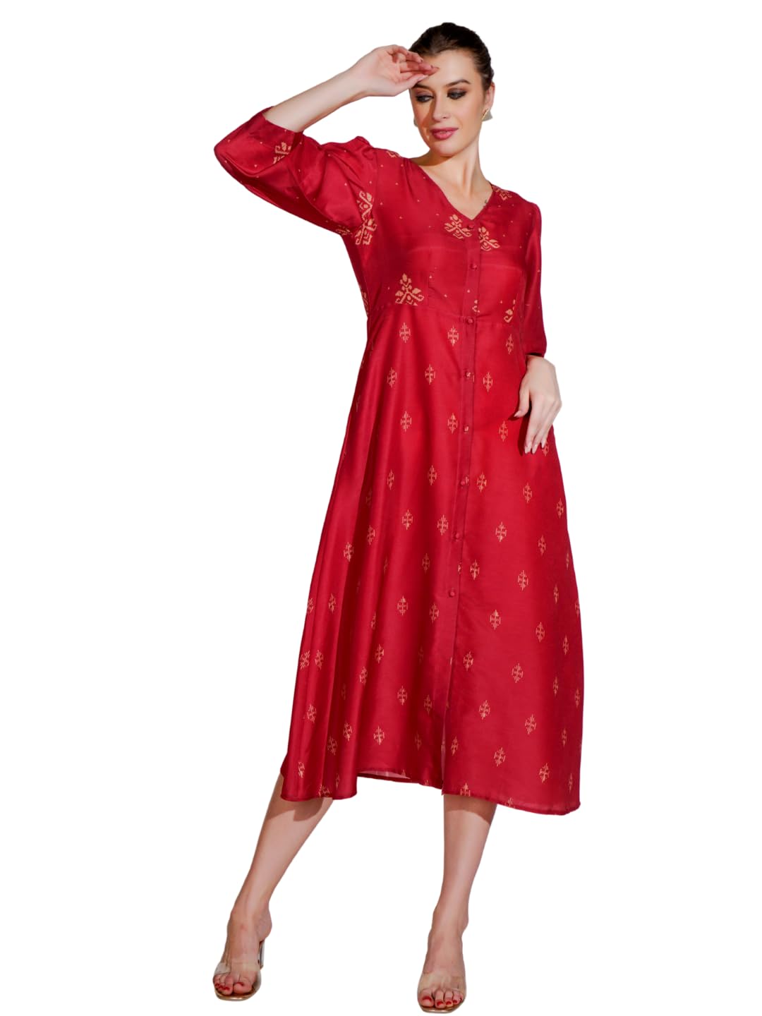 Women's Maroon Digital Printed Poly Muslin Shirt Dress | V-Neck, Cuff Sleeves, Button Placket | Casual Night Out, Festive-image-34