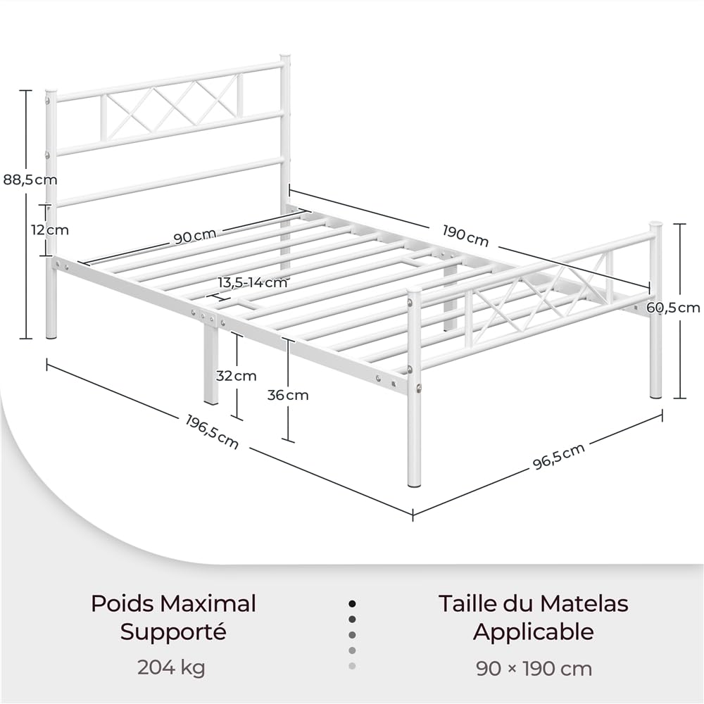 Yaheetech Cadre de Lit 90x190cm avec sommier Tête de lit Design en X Blanc