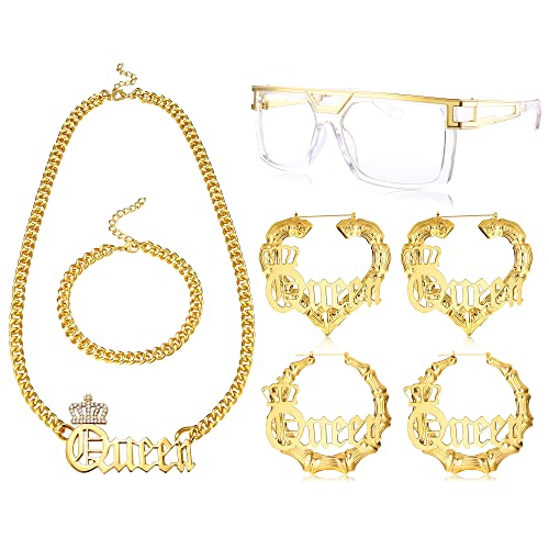 Magitaco Kit de costume hip-hop des années 80/90 - Chaîne cubaine dorée - Collier bracelet DJ transparent - Lunettes de soleil transparentes en forme de cœur - Boucles d'oreilles rectangulaires en