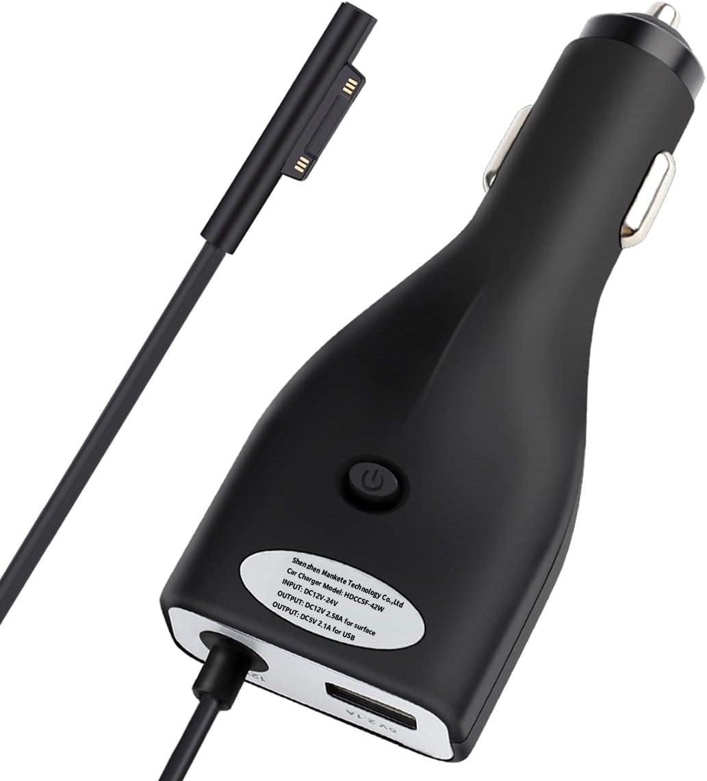 Surface Car Charger, 42W 12V 2.58A Power Supply | for Microsoft Surface Pro 3/Pro 4/Pro 5/Pro 6, Surface Book, Surface Go, Surface Laptop with 5V 2.1A USB Charging Port