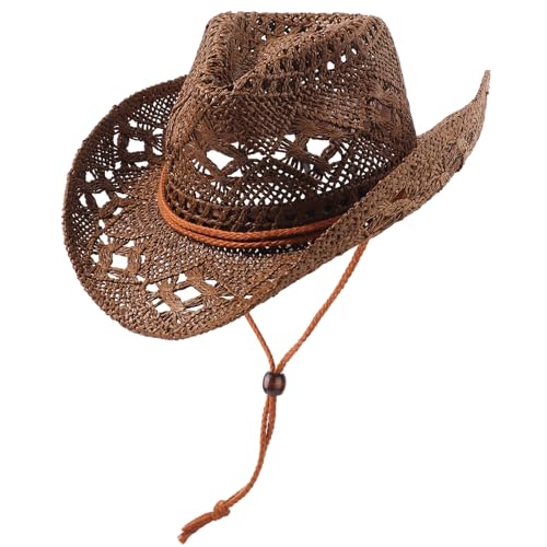 Image of DRESHOW Straw Cowboy Cowgirl Hat for Women Men Western Coastal Cowboy Beach Hat with Shapeable Brim Unisex Rolled up Caps