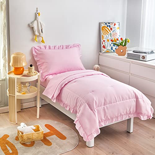 4 Pieces Pink Toddler Bedding Set With Ruffle Fringe, Solid Color Toddler Bed Set - 1 Toddler Comforter + 1 Fitted Sheet +1 Flat Sheet +1 Pillowcase For Baby Boys And Girls #TOP3