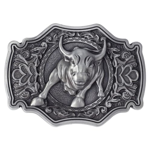 QinhBting Vintage Style Alloy Belt Buckle Western Cowboy Fashion Long Horn Bull Belt Buckles Holiday Gifts,Grey
