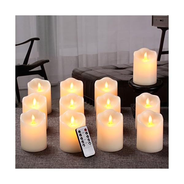qinxiang flackernde LED-Kerzen, 12 Stück, Durchmesser 7,6 cm x Höhe 10,2 cm, elfenbeinfarbenes Echtwachs Stumpenkerzen… – Bild 6