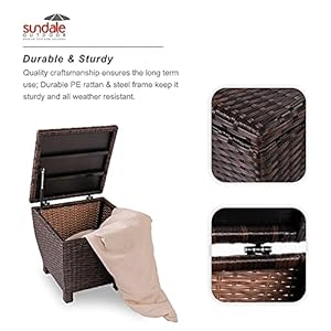 Sundale Outdoor Small Deck Storage Box with Lid, 13 Gallon Outdoor Bin Storage Container for Hose Cushion Towel, Patio Fully Assembled Brown Wicker Side Table with Storage - Rattan Sundale Outdoor Small Deck Storage Box with Lid 13 Gallon Outdoor Bin Storage Container for Hose Cushion Towel Patio Fully Assembled Brown Wicker Side Table with Storage Rattan