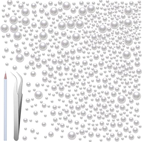 10002 Pieces 8 Sizes Nail Pearls Gems DIY Flatback Pearls, 2mm/2.5mm/3mm/4mm/5mm/6mm/8mm/10mm,Half Round Pearl with Metal Tweezers Nail Art Picker Pencil Pearls for Crafts DIY Making Supplies (White)