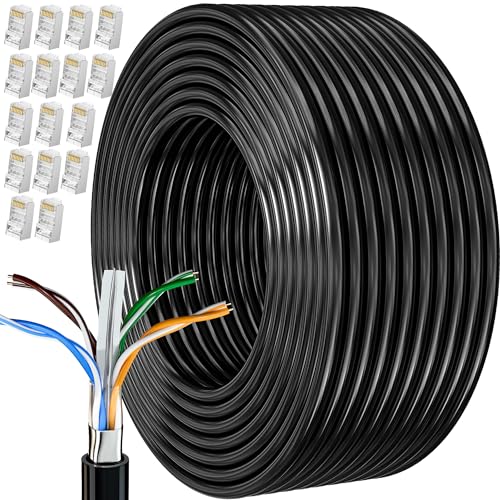 MEIPEK Cat 6 Network Cable 80m, Bulk Ethernet Internet Cable 80 Meters, Shielded FTP 23AWG External Lan Extra Long High Speed Anti-Jamming Weatherproof Rj45 260ft Black