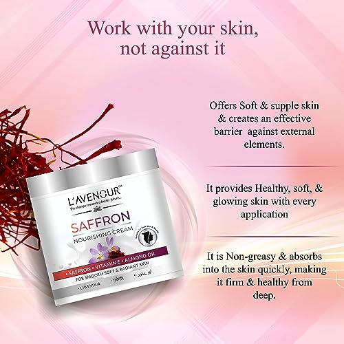 Image of L'avenour Saffron Nourishing Cream with Vitamin E & Almond Oil For Smooth, Soft & Radiant Skin | SLS & Paraben Free Kesar Moisturizer For Dry Skin, Men & Women - 100ml (Pack of 3)