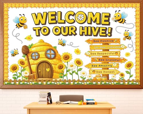 Bee Bulletin Board Classroom Decorations Welcome to Our Hive Bulletin Board Inspirational Quotes Signpost Paper Supplies Sunflower Honeycomb Cutouts for Back to School Teacher Students Wall Door Decor