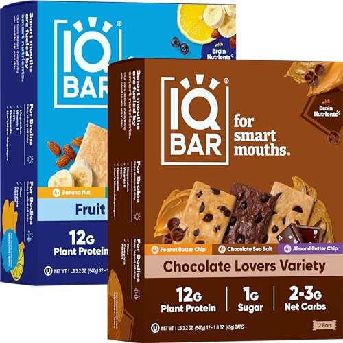 IQBAR Brain and Body Plant Protein Bars – Chocolate & Fruit Variety – 24-Count Low Carb – Gluten Free, High Fiber, Vegan Snacks – Low Sugar Meal Replacement