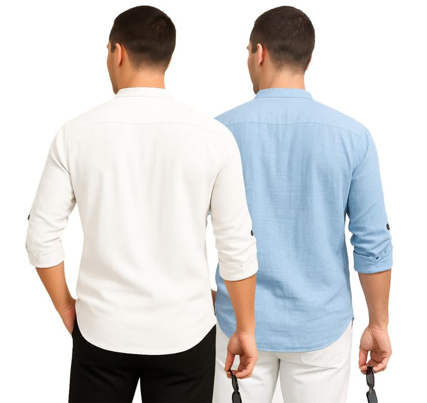 Image of DEELMO Combo of Men's Cotton Blend Solid Regular Fit Full Sleeve Short Kurta | Men's Trendy Short Kurta Pack of 2