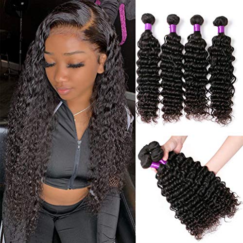 Perstar Deep Wave Human Hair Bundles Curly Wave Bundles Unprocessed Brazilian Virgin Hair Extensions 100% Real Human Hair Deep Wave 4 Bundles Good Quality Remy Virgin Hair Bundles Natural Wavy Natural Color (22 24 26 28, Deep Wave-Bundles)