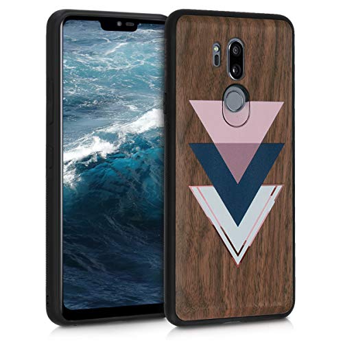 kwmobile Funda Compatible con LG G7 ThinQ/Fit/One - Funda de Madera de Nogal Madera y triángulos Azul Oscuro/Rosa Palo/marrón Oscuro