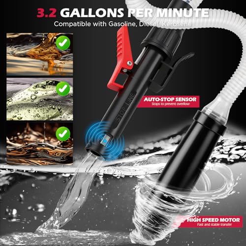 Image of Automatic Fuel Transfer Pump with Auto-Stop Sensor(3.2 GPM), Battery Operated Gas Can Pump with 3 Can Adapters, Extra Long Hose, Portable Fuel Pump for Oil, Diesel, Gasoline (Batteries Not Included)