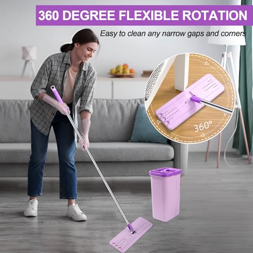 Image of BOSHENG Mop and Bucket with Wringer Set, Hands Free Flat Floor Mop and Bucket, 3 Washable Microfiber Pads Included, Wet and Dry Use, Home Floor Cleaning System for All Floor Types and Windows, Purple