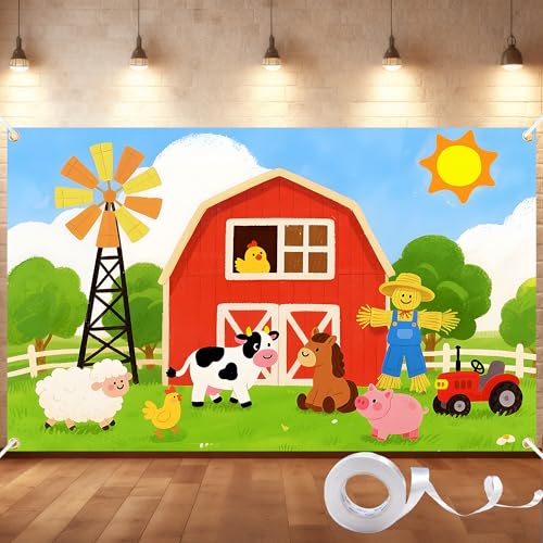 Farm Animal Backdrop 6x4FT Farm Birthday Party Decorations with Ribbon Polyester Barnyard Photography Background with Brass Grommets for Kids Birthday Baby Shower & Photo Booth Props