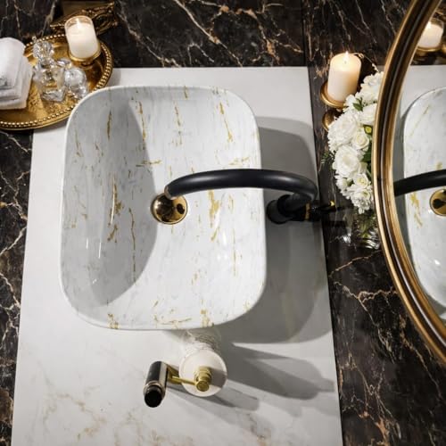 Image of Ceramic Tabletop Wash Basin - Glossy Rectangular Countertop Vessel Sink with Marble Finish for Bathroom & Vanity | Compact 18 x 13 x 5 Inch | Elegant Washbasin