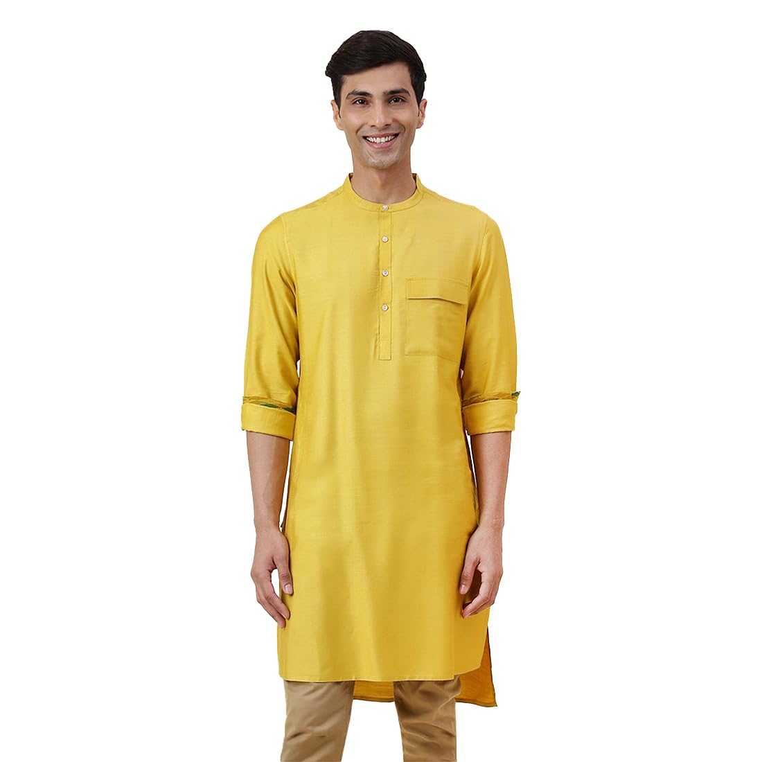 Nuindian Yellow Viscose Silk Slim Fit 2Pc Set, Yellow (L)