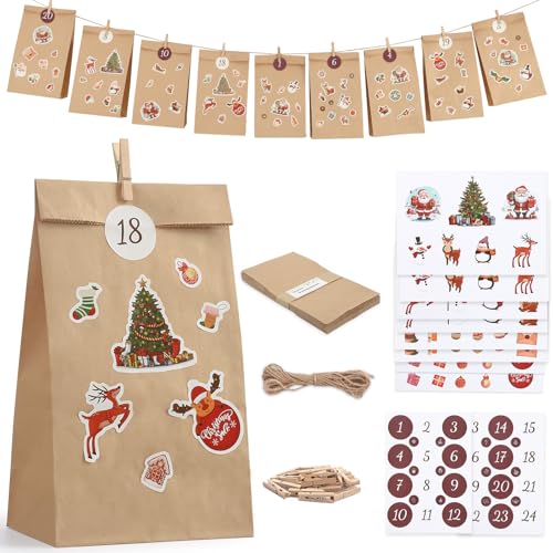 Adventskalender zum Befüllen 2025, 24 DIY Adventskalender Tüten für Kinder und Erwachsene, Basteln Selber Befüllen mit Aufkleber und Holzklemme, Weihnachtskalender Papiertüten