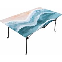 Ocean Wave Fitted Rectangle Tablecloth 32" x 72" Blue Gradient Beach Boho Elastic Table Cloth Fits for 6 Foot Folding Tables Waterproof Table Cover for Picnic Camping Outdoor
