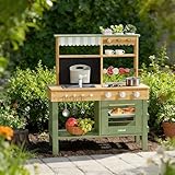 ROBUD Cuisine en Bois pour Enfants, 17 pièces de Cuisine avec évier, Tableau Noir et Accessoires, Cuisine extérieure pour Barbecue, Jeu de éducatif pour Les Enfants de 3 Ans et Plus
