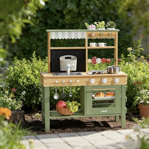 ROBUD Cuisine en Bois pour Enfants, 17 pièces de Cuisine avec évier, Tableau Noir et Accessoires, Cuisine extérieure pour Barbecue, Jeu de éducatif pour...
