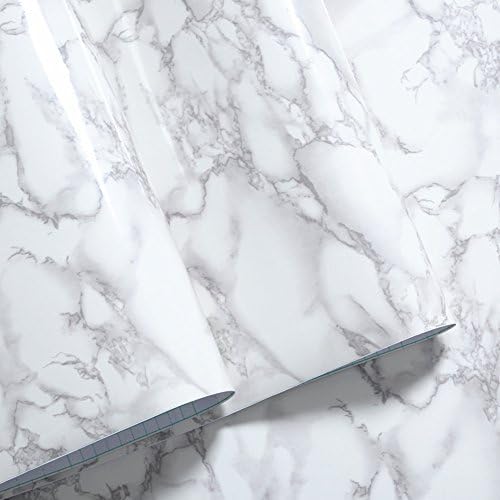 MULLSAN 15.6''x196'' Marble Paper Granite Beige Wallpaper Peel and Stick for Countertop Cabinet Furniture Renovated Thick Waterproof PVC (White)