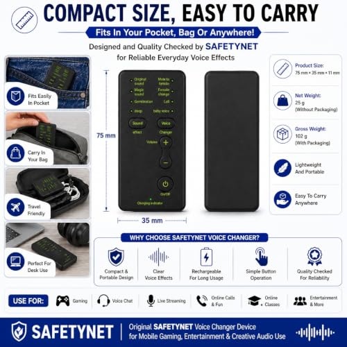 Image of SAFETYNET Voice Changer for Mobile Phone | 6 Voice Effects Sound Card | Rechargeable Portable Voice Modulator | Voice Changer for Gaming, Voice Chat, Live Streaming, Online Classes & Entertainment