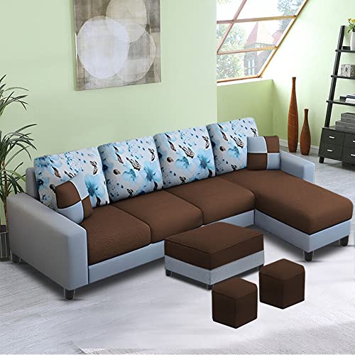 Image of Orland 8 Seater RHS L Shape Sofa with Center Table & 2 Puffy | Color - (Brown Grey Fabric)