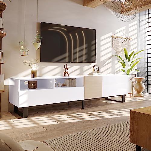 Merax Modern TV Entertainment Center with Cabinets, Drawers & Open Shelves, Wood TV Stand for TVs Up to 80” for Living Room Bedroom (White & Natural) - Image 3