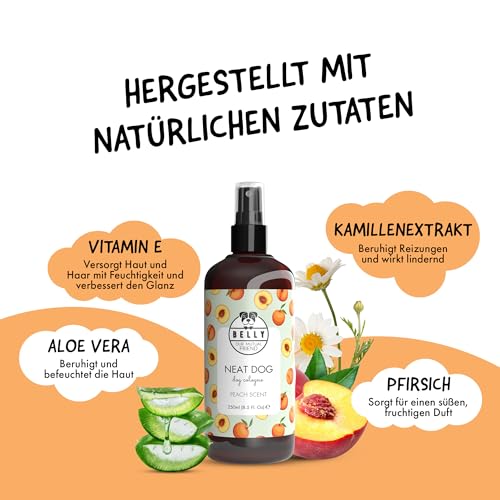 Belly® Hundeparfüm – Duftspray für Hunde & Welpen – Parfüm für Hunde mit fruchtigem Pfirsich – Spray gegen Geruch – pH-neutral – Fellpflege & Hundepflege – 250ml