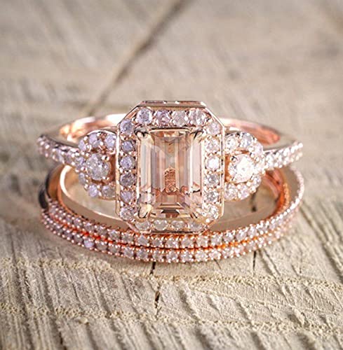 2PCS Gorgeous 18K Rose Gold Plated Morganite Ring Engagement Bridal Women Jewelry Set Morganite White Topaz Ring Set Women Bridal Wedding (7)3