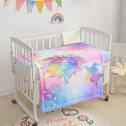Image of Crib Bedding Set,3pcs Nursery Crib Bedding with Comforter Crib Sheet & Crib Skirt,Mermaid Scales Colorful Turtle Printed Nursery Bedding for Baby Boys and Girls(Pink Turtle)