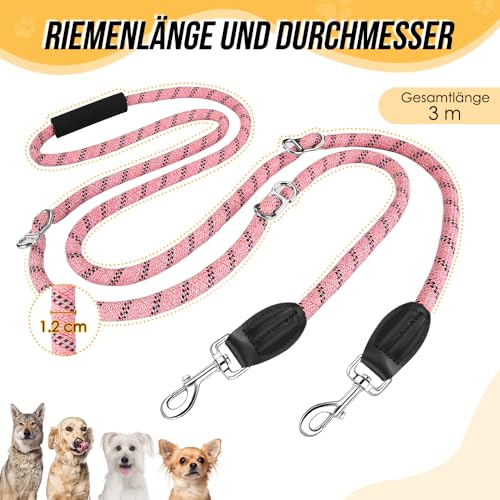 Eyein Hundeleine 3m für Kleine mittelgroße Hunde, 8in1 Schleppleine mit 3 Verstellbare Schnalle und Griffen, Reflektierende Doppelleine für 2 Hunde - Unter 100KG, Verdickte Freihandleinen, Rosa