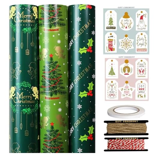 FullJoyHut 3 Rollos Papel Regalo Navideño Verde, 43CM x 3M Rollos Papel Envolver Navideño Reciclables, Papel de Embalaje Navideño de Lujo con Etiquetas y Cinta para Decoración de Fiesta(Verde-B)
