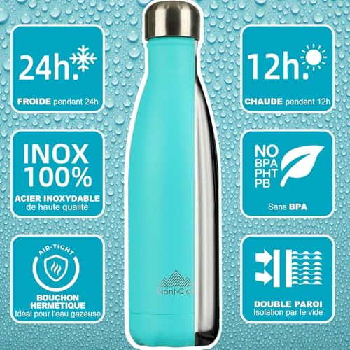 Image of Mont-Clair Stainless Steel Water Bottle, Vacuum insulated - BPA Free, 12h Hot & 24h Cold Drinks, Metal Water Bottle 17 oz Leakproof, Ideal for Adult, Kids, Running - Light Blue
