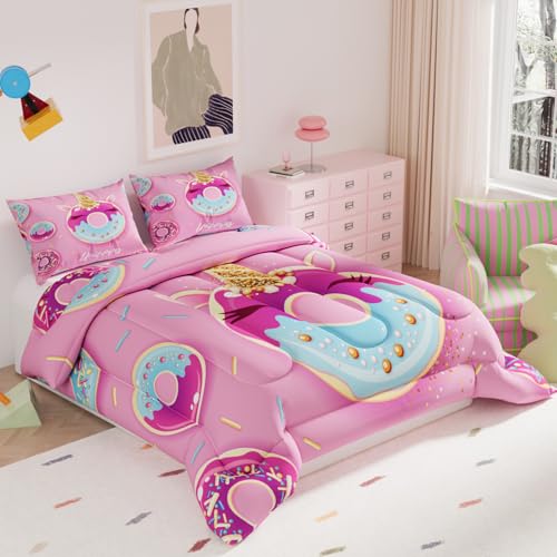 Image of Unicorn Comforter Sets for Girls Kids Adults,Pink Colorful Background for Bedroom,Decorative 3 Piece Bedding Comforter Sets with 2 Pillow Shams, Queen Size