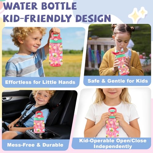 Image of 14oz Pink Bee Water Bottle with Straw - Lightweight Leakproof Floral Bottle for Teen Girls, School & Travel, Transparent Spring Garden Design, Cute Easter Birthday Gift